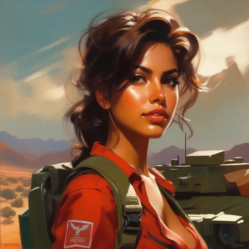 Prompt: Latina girl in Metal Gear Solid, cartoony, sunny atmosphere, extremely detailed painting by Greg Rutkowski and by Henry Justice Ford and by Steve Henderson