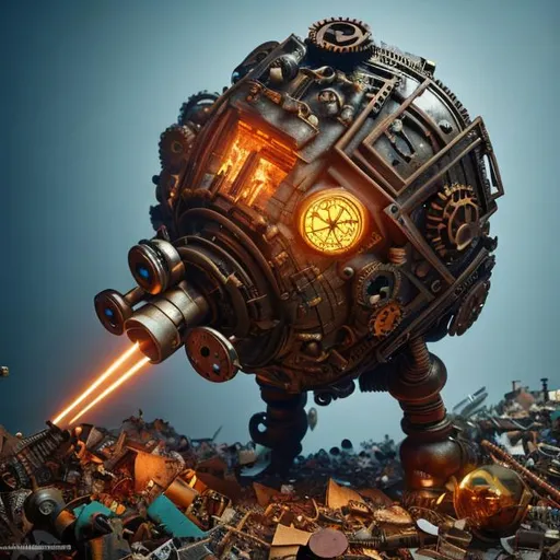 Prompt: (steampunk), hand-held propulsion gun sticking out of a scrap heap, pile of scrapmetal, trash heap, cave walls, low light, dim, digital brush, cartoon, highly detailed, digital painting, dnd, octane render, cgsociety