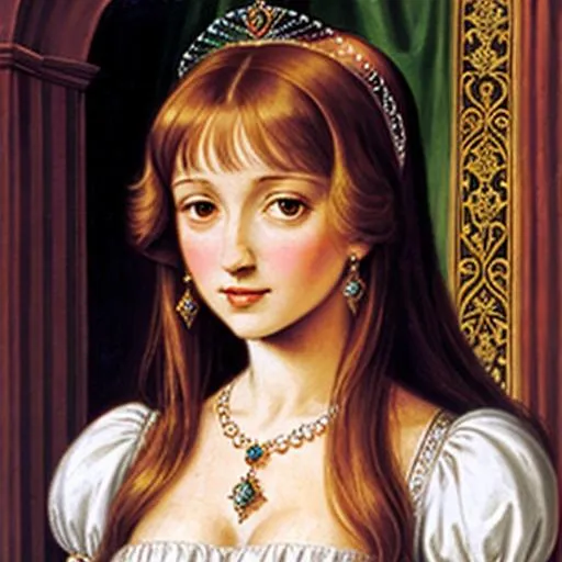 Prompt:  Jane Seymour, 16th century, Royal queen, wearing a tiara and pretty jewelry

