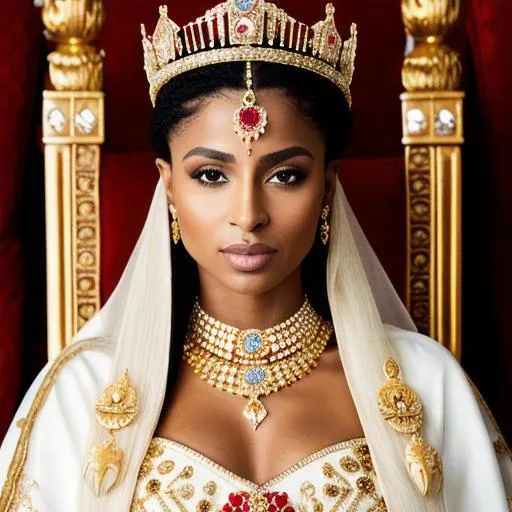 Prompt: realistic portrait of queen Ciara, 95mm lens, f8, high-definition, photo, natural light, professional, full body, exotic jewels, symmetric, ultra details, sitting in throne