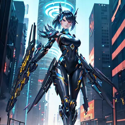 Prompt: Fierce and elegant, a female cyberpunk robot warrior strides through a post-apocalyptic cityscape, wielding a cyberpunk-inspired weapon in one hand. She is adorned with intricate gears, cogs, and electronic parts, with steam billowing out from various openings. Her eyes glow with a radiant blue light, symbolizing her advanced technology and unwavering determination. The image captures the juxtaposition of Victorian-era aesthetics with futuristic steampunk elements, showcasing the beauty and strength of this unique character design. The art style is detailed and vibrant, with a touch of vintage sepia tones to enhance the steampunk atmosphere.