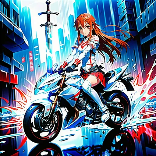 Prompt: Anime illustration of Asuna, full body, wet body, see-through pantie, intense gaze, high-quality, anime style, detailed eyes, sleek design, professional, atmospheric lighting, intense red and blue tones, fantasy setting, sword, wet hair, detailed skin texture, motorcycle crash, dead