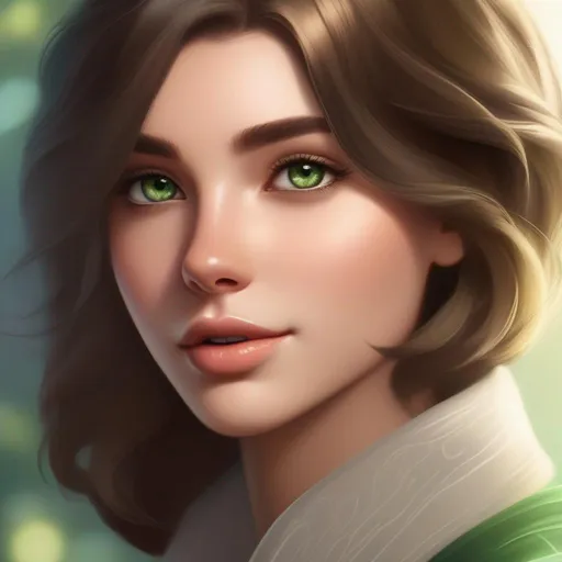 Prompt: elsa's short brunette haired roundish faced green-brown eyed cousin with a silvery color scheme, profile picture
