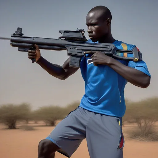 Prompt: 
Jorro, 28, Gambian  holding a laser rifle, a weapon that complements his athleticism and agility. The laser rifle is a sleek and advanced piece of technology, contrasting with his more traditional faded blue tracksuit attire. Jorro's grip on the rifle is firm and practiced, demonstrating his adeptness in wielding such cutting-edge weaponry.

  illustrated  in color by Geoff Johns 