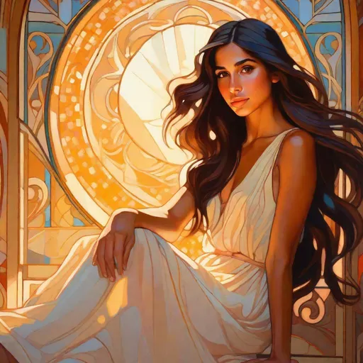 Prompt: Upper body portrait of Naomi Scott, brown long hair, tan skin, sundress, intricate, detailed face. by Ilya Kuvshinov and Alphonse Mucha. Dreamy, sparkles