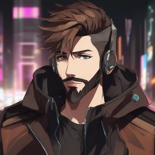 Prompt: Anime, Cyber punk, man, brown short hair, beard, has chrome