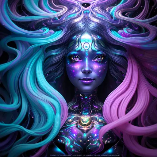 Prompt: Dark, Happy, Joyful, Affectionate, psychedelic cinematic, Nebula, 3D HD Beautiful [{one}{Goddess}Female long flowing hair and liquid satin, Beautiful big reflective eyes, beautiful hands]::2, expansive metallic background, supernova, freeform colorful ink chaos, hyper realistic, 64K --s98500