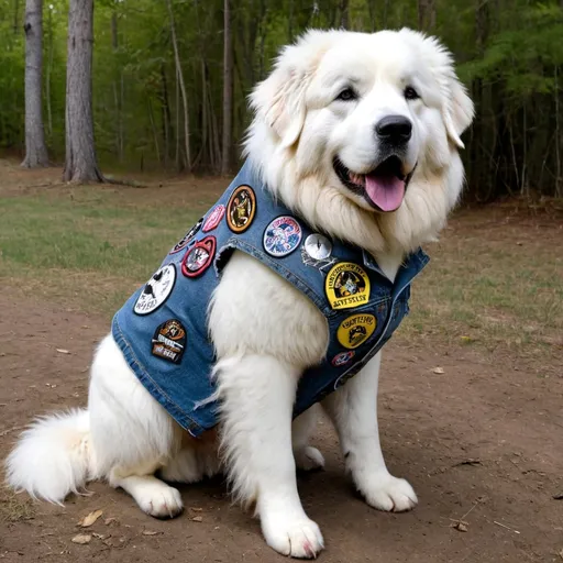 Prompt: Great Pyrenees wearing a heavy metal music denim vest with patches