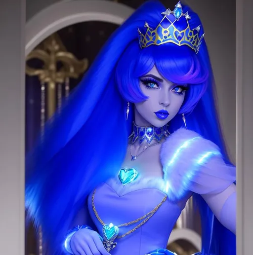 Prompt: Kayleigh Mcenany with ultradetailed large shiny blue lips, Blinding Heart Earrings, Blue Xtra Large Metal Ball Gown, Rainbow Sugar Gloves with Purple Fur, Glowing Blue eyes, Artisans Cut Gleaming Ice Cream Tiara. Pristine Green hair, confident facial expression, Full eyebrows with blue tint, Crocodile necklace, Wintry Aura, Black Armor Plated Shoulders, Cake Covered gold wand, Sharp Nails, Auroras in eye of hurricane. Blue Moon. High resolution, Realistic, Cold color scheme, high radiance.