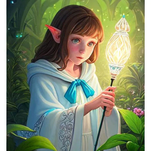 Prompt: Panned out. 
Very detailed realism painting.
very short fantasy healer gnome female. 
Beautiful determined face, short-pointy ears
Beautiful brown eyes, brown hair. flowing long intricate embroidered white and light blue robe and cape
Full body illustration
Holding a single white glowing Staff 
detailed  
The background is a building and 
 a plants.
Glowing