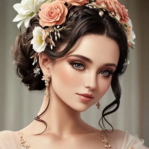Prompt: Beautiful woman portrait wearing an ecru evening gown, elaborate updo hairstyle adorned with flowers, facial closeup