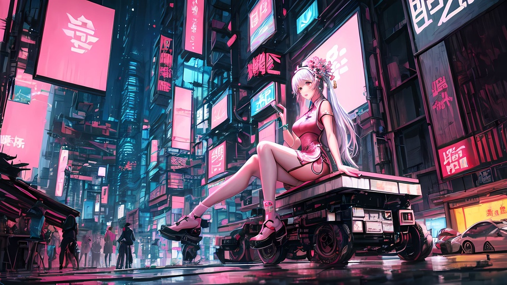 Prompt: ((best quality)), ((illustration)), ((masterpiece)), 1 girl, chinese_clothes, sitting, in white and pink,cyberhanfu, Cheongsam, cyberpunk city, dynamic pose, Headdress, hair ornament, long hair, cyberpunk, a high-tech city, full of machinery and futuristic element, futurism, technology