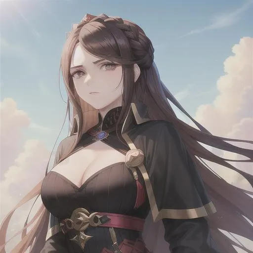 Prompt: a female queen duel wearing black attire with brown hair with brown eyes kind looking and beautiful modest realistic named liliana morovia