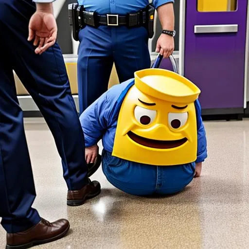 Prompt: the grimace from McDonalds on the floor being arrested in a Walmart