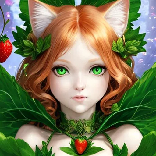 Prompt: Fairy goddess of cats, strawberry blonde, cat shaped eyes, green eyes, closeup