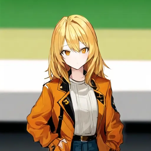 Prompt: Portrait of a cute girl with blonde hair and an orange jacket 