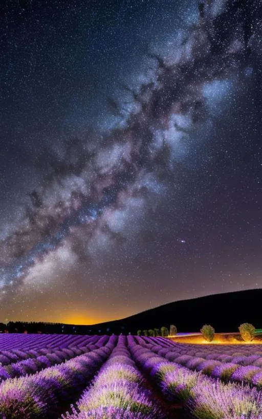 Prompt: Andromeda constellation, night sky, lavender fields,  vivid colours, hi resolution 8k, photorealistic ar 9:16