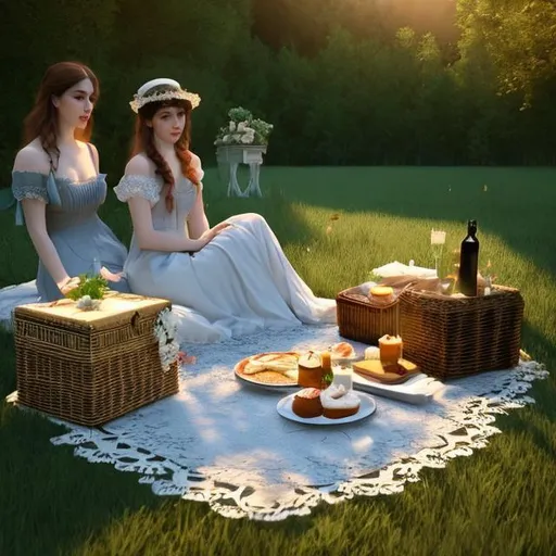 Prompt: VICTORIAN ERA GOTHIC PICNIC, VICTORIAN CLOTHING, realistic shaded, , photorealistic, realistic, cinematic lighting, volumetric lighting, intricate detail.