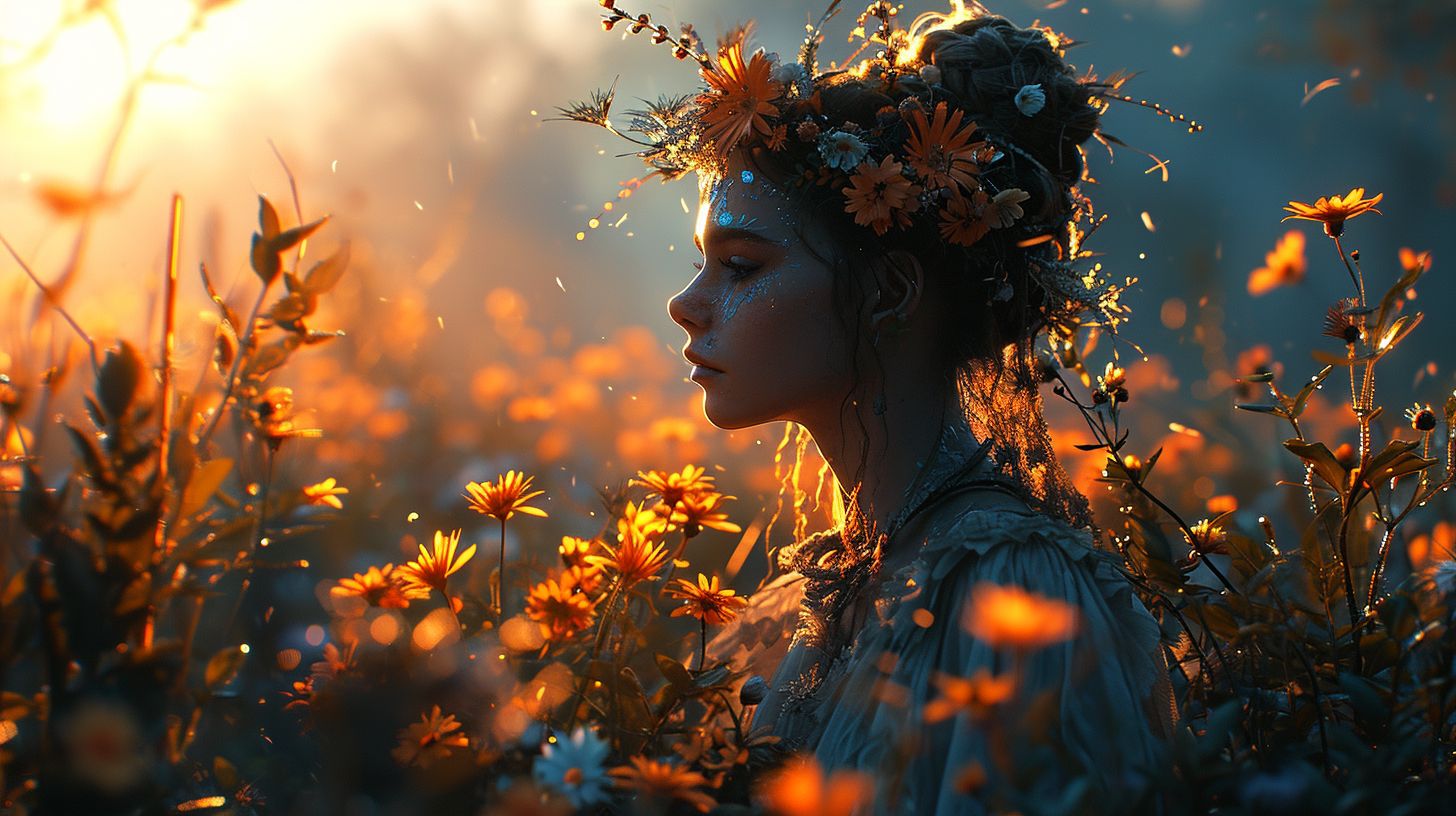 Prompt: A world divided by sunlight and moonlight is the backdrop for a unique encounter. A being shimmering with sunlight, adorned with glowing feathers, meets a figure crafted from the essence of the night. They stand amidst a field of radiant and shadowy blooms, sharing a moment of understanding.