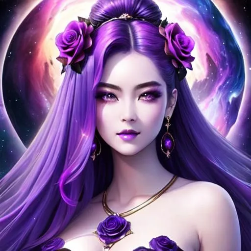 Prompt: Cosmic Epic Beautiful Nebula (Beautiful melancholy {goddess}female liquid satin}, Beautiful and Gorgeous, purple roses in hair