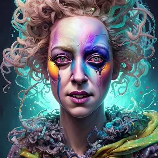 Prompt: "hyperdetailed portrait of kristen schaal as delirium of the endless, colourful make up, the sandman, made by caravaggio stanley artgerm lau wlop rossdraws artstation cgsociety concept art cgsociety octane render"