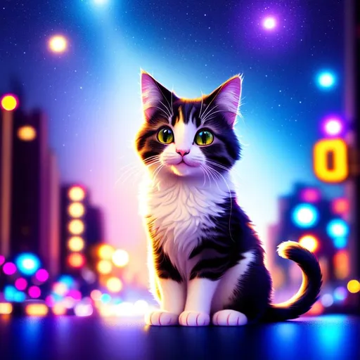 Prompt: Disney Pixar style cute cat, highly detailed, fluffy, intricate, adorable, beautiful, soft dramatic lighting, ultra high quality octane render, nighttime city background, galaxy, light trails, bokeh, hypermaximalist