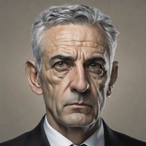 Prompt: 
Prompt

Front Portrait of a 60 year old Hebrew Looking man, deep black eyes, fair skin, with very short gray hair in the In the german presidential palace. Menacing, serious. Hyperrealistic, Highly Detailed, Symmetry, Good Anatomy, Well-formed eyes. In black business suit. 