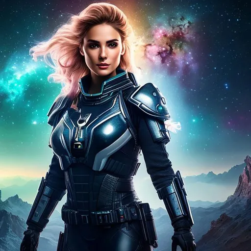 Prompt: create extremely detailed and realistic photograph of most beautiful elite female space soldier during night, extremely, wide angle, detailed environment, detailed background, planets an nebulae in sky highly detailed, intricate, detailed skin, natural colors , professionally color graded, photorealism, 8k, moody lighting