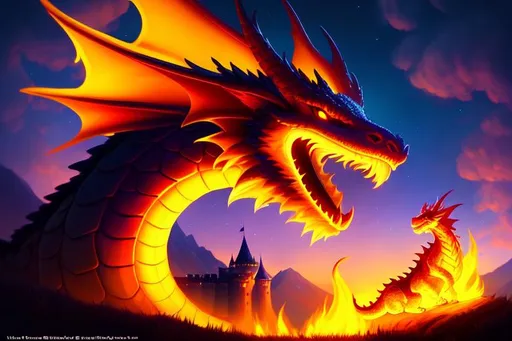 Prompt: a close up of a dragon burning a castle character New Zealand Landscape, epic fantasy digital art style, by Lois van Baarle, detailed full body concept, adorable glowing creature, fantasy art behance, hyper bullish, painted with a thick brush, fluffy'', experiment, by Mario Dubsky, cute, fierce looking