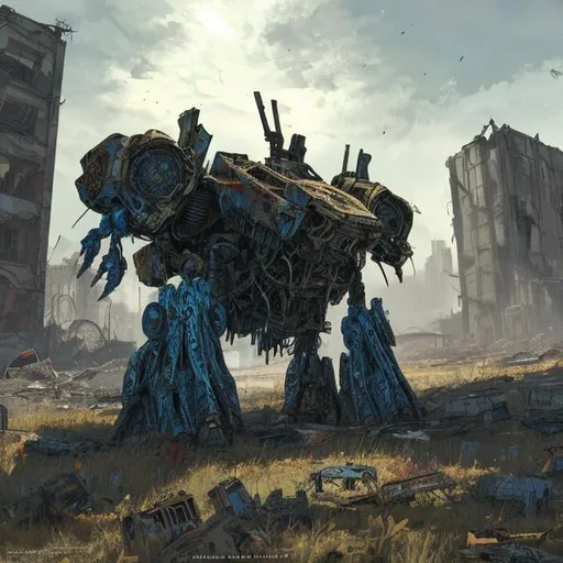 Prompt: paisley painted  destroyed mech in the middle of a abandoned city with a lot of grass 