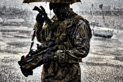 Prompt: HDR, professional, 8k, best version, masterpiece, army soldier wearing 
 black mask and black camo
 standing in the rain