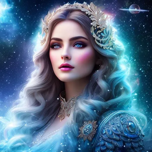 Prompt: create photograph of most beautiful fictional winter female goddess princes with most beautiful eyes, extremely detailed face, space and planets an nebulae in sky highly detailed, extremely detailed environment, extremely detailed background, intricate, extremely detailed skin, natural colors , professionally color graded, photorealism, 8k, realistic, moody lighting, ambience lighting