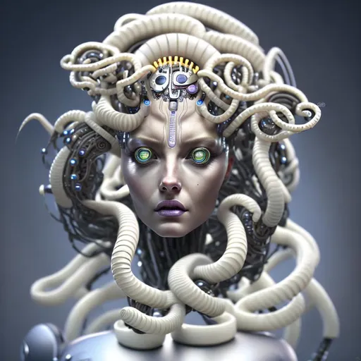 Prompt: Photorealistic Full portrait Futuristic Robot Medusa 3.14159265359, Intricately detailed, 8k resolution, artby Rene Cuvos Nam Das