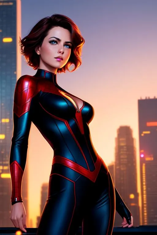 Prompt: May Day Parker form Marvel Comics standing on a roof, short Brown hair, wearing spider-girl suit, side lighting, cyberpunk lighting, neon, cleavage visible, symmetrical face, freckles 