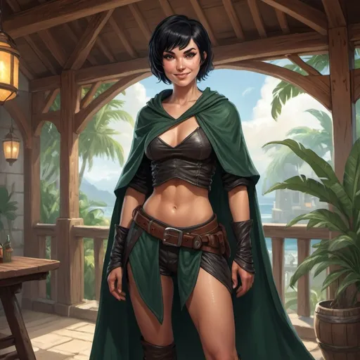 Prompt: Full body, Fantasy illustration of a female rogue, 28 years old, athletic, short black hair, fancy hairstyle, wearing a cloak, mischievous expression, mocking smile, high quality, rpg-fantasy, detailed, in a tropical inn