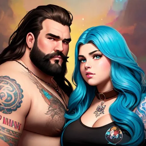 Prompt: Professional painting of (((grungy heavyweight man and heavyweight woman, round faces, chubby faces))), ((blue long wavy hair for woman)), ((brown long wavy hair for man)), tattoos, collar, 80's aesthetic, Disney, pixar, rainbow, space, high detail, intricate, elegant, sharp focus, by Jeremy Mann, Rutkowski, and other Artstation illustrators, intricate details, face,  full body portrait, headshot, illustration, UHD, 4K