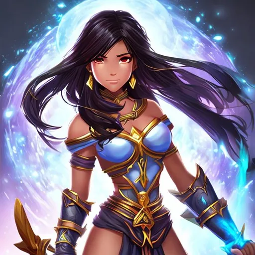Prompt: Anime fantasy Latina woman fighter healer mage proportional  no hands focused small chest long black hair straight