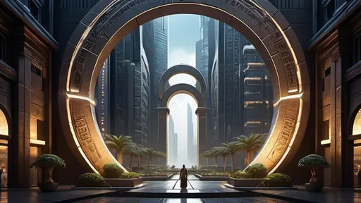 Prompt: magical portal between cities realms worlds kingdoms, circular portal, ring standing on edge, upright ring, freestanding ring, hieroglyphs on ring, complete ring, ancient egyptian architecture, gardens, hotels, office buildings, shopping malls, large wide-open city plaza, panoramic view, dark night, futuristic cyberpunk tech-noir setting, human scale