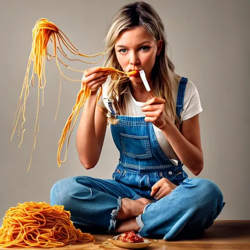 Prompt: Overall styling: Woman, eating spaghetti, with fork in hand with noodles twisted around it