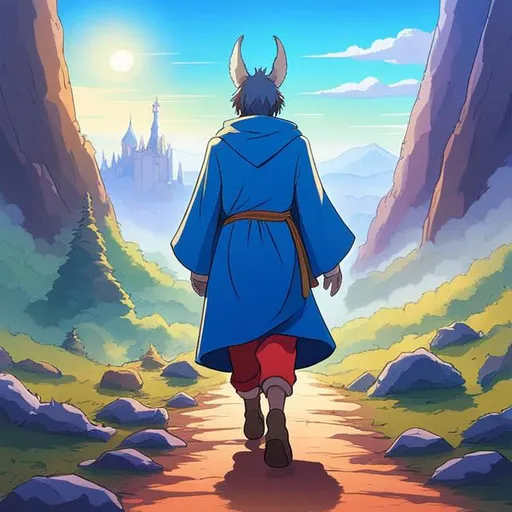 Prompt: Third-person, full body of character in view, standing, An anthropomorphic donkey, dressed in bright blue wizard robes, walking on path, mountain in the background, Good Light Effect, vibrant colors, by Nintendo, by Studio Ghibli,