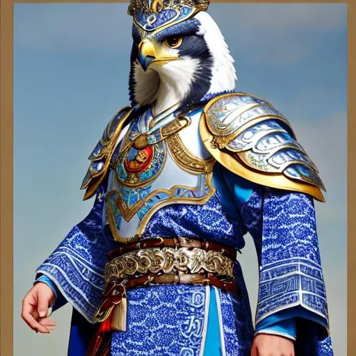 Prompt: A Falcon wearing a short blue and white silk robes, with blue and white chainmail ancient Chinese/Viking armor.