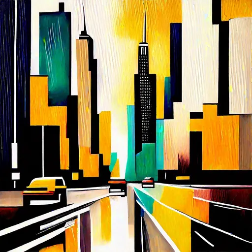 Prompt: A rainy day in The city of new your painting looking at a city street with tall sky scrapers on the side painting textured abstract 