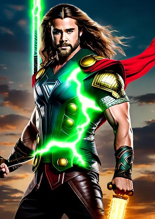 Prompt: High-resolution hyperrealistic photo of marvel's demigod {{hercules}} merged with thor, mullet hair, holding mjolnir, green and red and black and gold costume, uhd, hdr, 64k