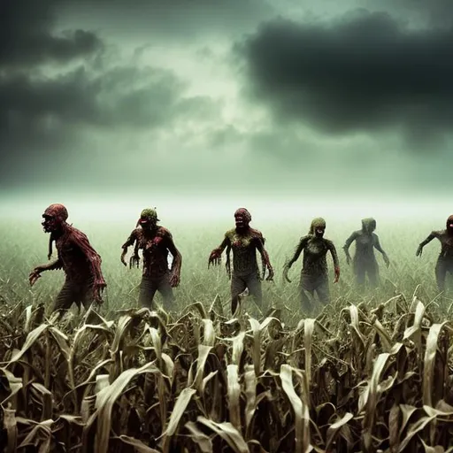 Prompt: Zombies in cornfield, foggy, grey clouds