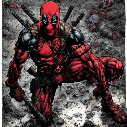 Prompt: Todd McFarlane Spawn as Deadpool variant. muscular. dark gritty. Bloody. Hurt. Damaged. Accurate. realistic. evil eyes. Slow exposure. Detailed. Dirty. Dark and gritty. Post-apocalyptic. Shadows. Sinister. Intense. 