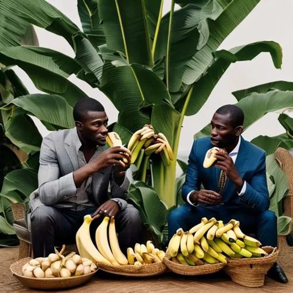 Prompt: Elegant men eat bananas under a palm