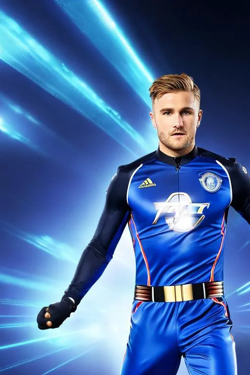 Prompt: luke shaw wear blue power ranger rpm suit, 