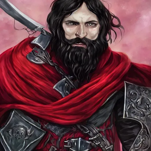 Prompt: Eldritch knight, Black Hair, Beard, Sword, Kite Shield, magic, fantasy, red armor, cloak, realistic, plate

