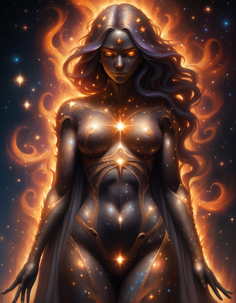 Human female made of stardust, with souls made of fl...