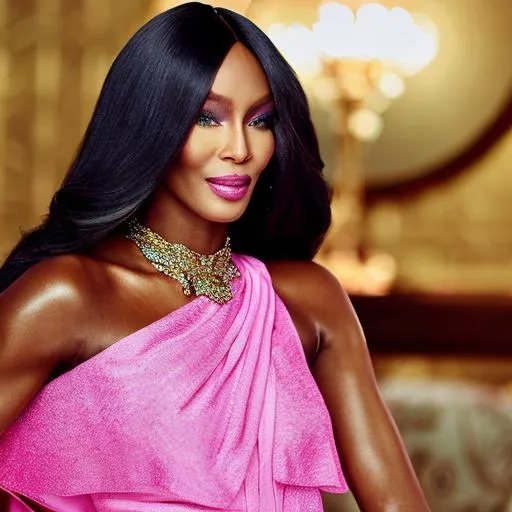 Prompt: Naomi Campbell wearing a Barbie inspired pink Versace look 